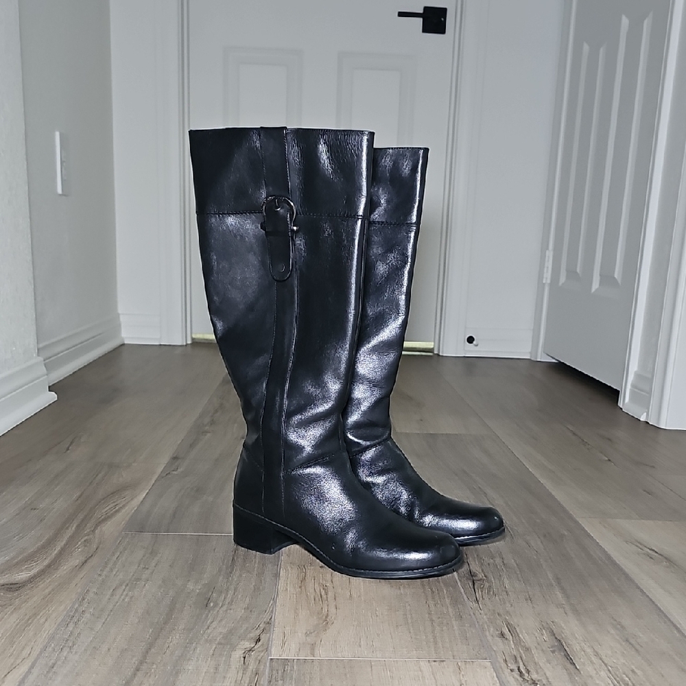Bandolino Clarity 8.5 Black Leather Over The Knee Tall Riding Boots Heeled Moto